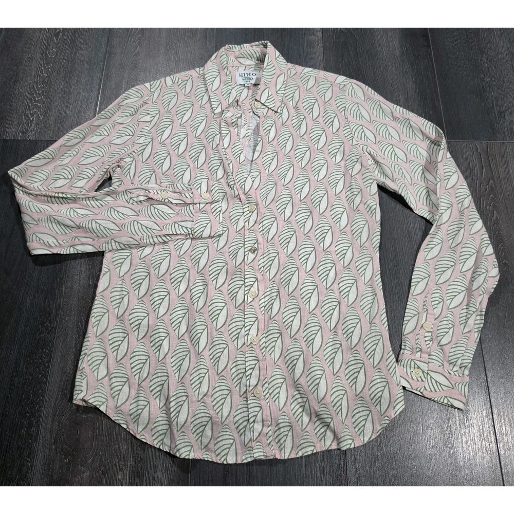 Hiho Tortola BVI 100% Linen Button Shirt Women S Pink Green Leaf Beach Resort